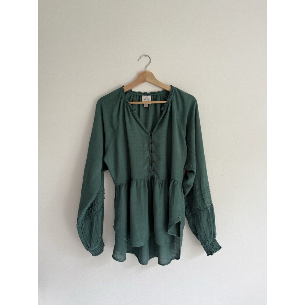 Knox Rose Green Peasant Blouse Size S Long Sleeve Boho Tunic Top Textured